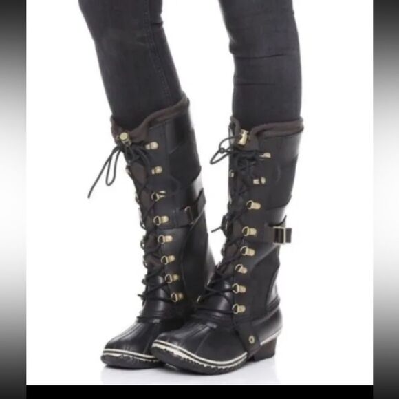 Sorel Conquest Carly Black Leather Winter Boots Style NL2033-010 Womens Size 7 - Picture 1 of 10